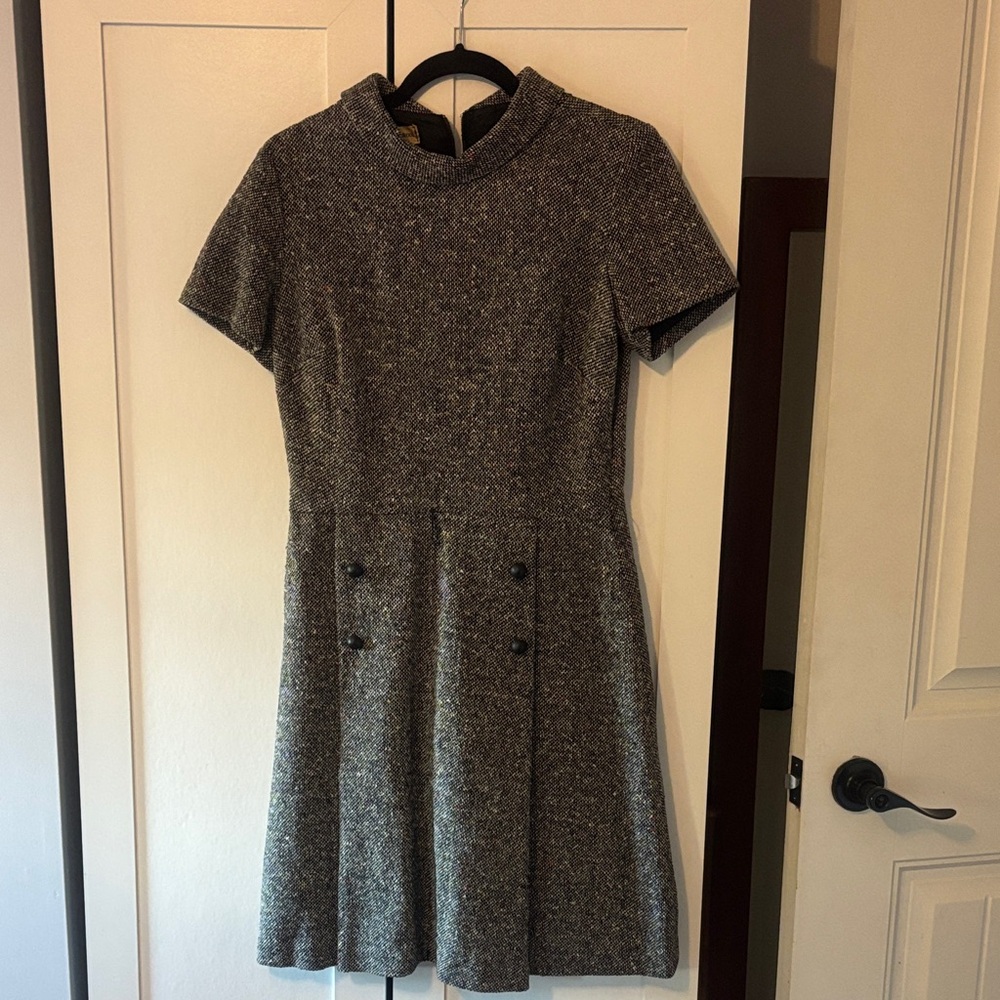 Women’s Short Sleeve vintage Tweed A-Line Dress - Gray